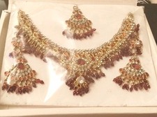 Gold Tone Red & White Crystal Indian Necklace Earrings Tikka Set Wedding NEW