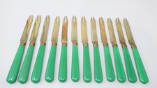 Twelve Art Deco Green Handled Fruit Knives Set Of 12 Gilt Blades In Fitted Case