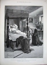 Original Old Antique Print 1888 Fine Art Man Four-Poster Bed Praying Forestier
