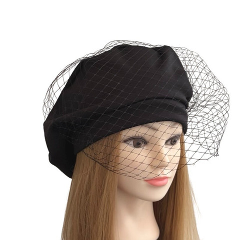 Black beret hat with birdcage - black,