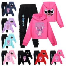 Cute Lilo&Stitch Tracksuit Kids Girls Hoodie Trousers+Tops Loungewear Outfits
