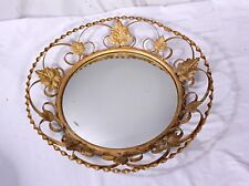 Vintage Leaf Scroll Wall Mirror Round  Wrought Iron Wire Painted Gold 60's 70's