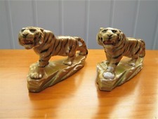 Characterful Couple of Tiger Figurines Painted Porcelain (I think) 18 cm Long