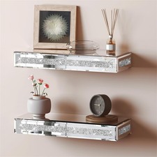 Mirrored Diamond Crush Floating Wall Shelf Crystal Modern 38x15cm Sparkly Bling