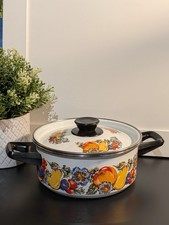 Vintage Enamel Autumn Fruits Saucepan Cooking Pot Retro Funky Pattern Cookware 