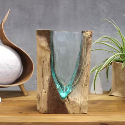 Molten glass vase - glass, wood