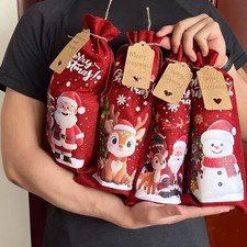 Christmas Wine Bottle Bags with Drawstring, Jute Hessian Burlap Wine Gift Bottle