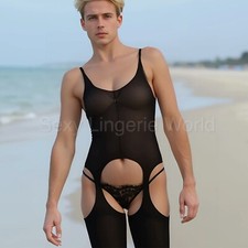 Mens Body Suit Underwear Stocking Sexy Sissy Lingerie Crotchless Sheer Bodysuit