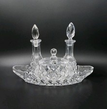 4 Pc Diamond Quilted Design Clear Glass Part Condiment/Cruet Set, Vintage