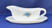 Phoenix Opalware Milk Glass Gravy Sauce Boat Blue Rose Detail Excellent Cond