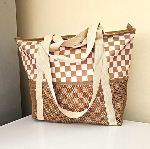 Beige white checkered nylon - beige/white,