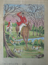 VINT. PEARSALLS PRINTED TAPESTRY CANVAS to EMBROIDER - HUNTSMEN & DOGS 19.5x15"