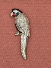 Vintage Gold Enameled Parrot Brooch - Antique 80s Jewelry - Red Rhinestones and