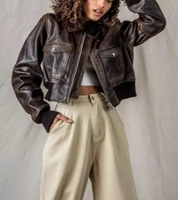 Women Cropped Jacket Vintage Distressed Brown Bomber Leather Oversize Jacket