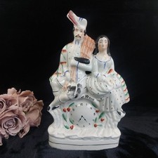 Staffordshire Clock  14" Mantel Figure Wornbase scottish Couple Seated Over Dial