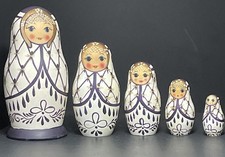 Authentic Russian Nesting Dolls 5 / Hand Painted Wood 02413 Purple Gold White