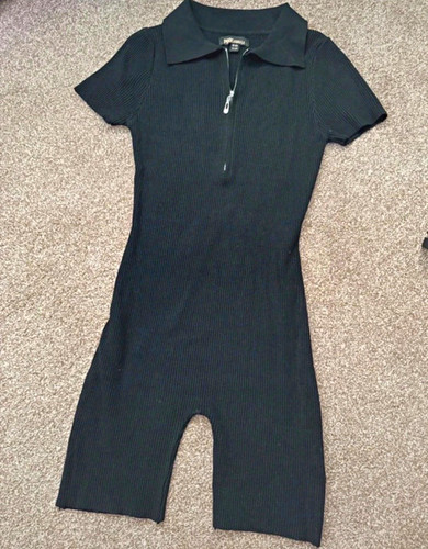 Women black ribbed zip - black, front