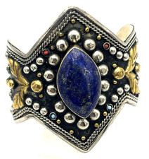 Tribal Afghan Cuff Bracelet w/ Blue Lapis Stone – 60g, 71.8mm Wide, Handmade