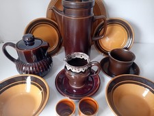 Vintage 1970s Mismatched Tea Set Brown & Mustard Stonewear Props Dresser Display