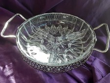 Sectional Glass Serving  Dish Silvertone Metal Basket 19cm Hors D'Oeuvre Snacks