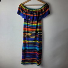 Joseph Ribkoff Size UK 6 Rainbow Stripe Stretch Off Shoulder Dress Casual Summer