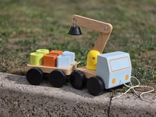 IKEA UPPSTA Wooden Crane with magnetic building blocks trailer pull along string