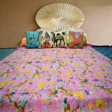 Pink Bed Runner Kantha Quilt Bird Ralli Gudri Handmade Twin Bedspreads Throw