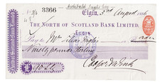 THE NORTH OF SCOTLAND BANK LIMITED - 1886 ELGIN cheque.