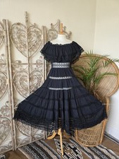 Vintage black lace Mexican off shoulder cotton 70s maxi dress M L