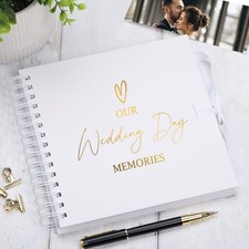 Our Wedding Day Memories White Scrapbook, Photo Album or Guest Book Gold Print