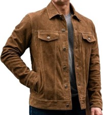 Men's Vintage Trucker Brown  Suede Leather  Biker Jacket