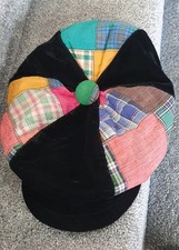 VINTAGE BAKERS BOY CAP HAT BLACK VELVET AND PATCHWORK 1970 C & A