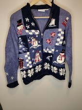Vintage Snowman Christmas Cardigan Sweater S (Uk) Winter Snowflakes 