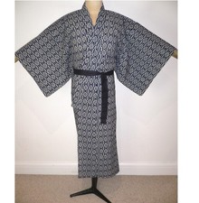 RARE VINTAGE MEN'S JAPANESE YUKATA BLUE & WHITE COTTON KIMONO ROBE DRESSING GOWN