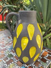 Handmade Ceramic Jug Vase Brown with Yellow Crackle Leaf Design Rustic Pottery