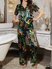 Tropical Plant & Leopard Print Faux Silk  Top & Pants Pajama Set Size M