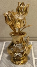 24K Gold Plated Crystal Studded Flower Ornament in Vase with Humming Bird