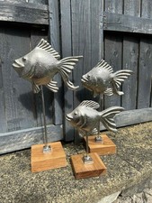 3 x Silver Toned Metal Fish Sculpture On Wooden Base Small Medium Large