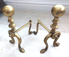 Vintage brass fire dogs, ball