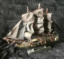 Wooden Pirate Ship Model Has 15 Sails and Cannons on Display Stand
