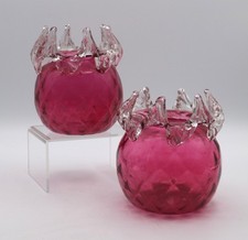Pair of Victorian Cranberry Glass Posy Vases with a Clear Glass Ruffled Collar