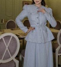 Luxury Tweed Two-Piece Set –  Light Blue Jacket & Pleated Maxi Dress, UK 8