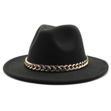 Women's Ladies Wide Brim Fedora Hats with Gold Chain Felt Panama Hat Jazz Caps