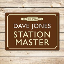 Personalised Station Master Model Railway Sign, Railwayana Gift For Dad Grandad