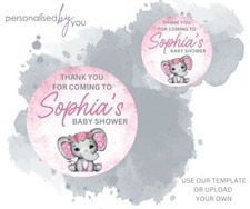 PERSONALISED BABY SHOWER ELEPHANT PINK BABY GIRL CUSTOM ROUND PRINTED STICKERS