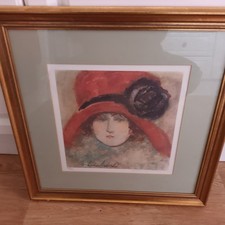 BARBARA A. WOOD (1926-2023) FRAMED SIGNED L/E PRINT "LADY IN A RED HAT" 53x53CMS