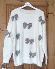 Women’s Cream Soft Knit Jumper Pastel Colour Knit Bow Pattern One Size 12 14 16