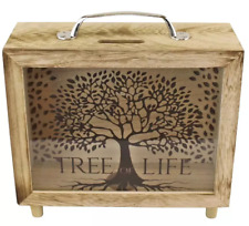 Tree Of Life Money Box Saving Piggy Bank Wooden Rustic Glass Front Moneybox