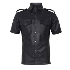 Men’s Real Leather Biker Shirt Leather Police Uniform Style Shirt Gay Hot BLUF