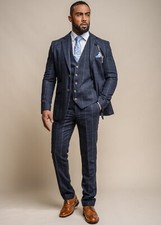 Men's Cavani Check Blue Tweed 3 Piece Formal Wedding Slim Fit Suit